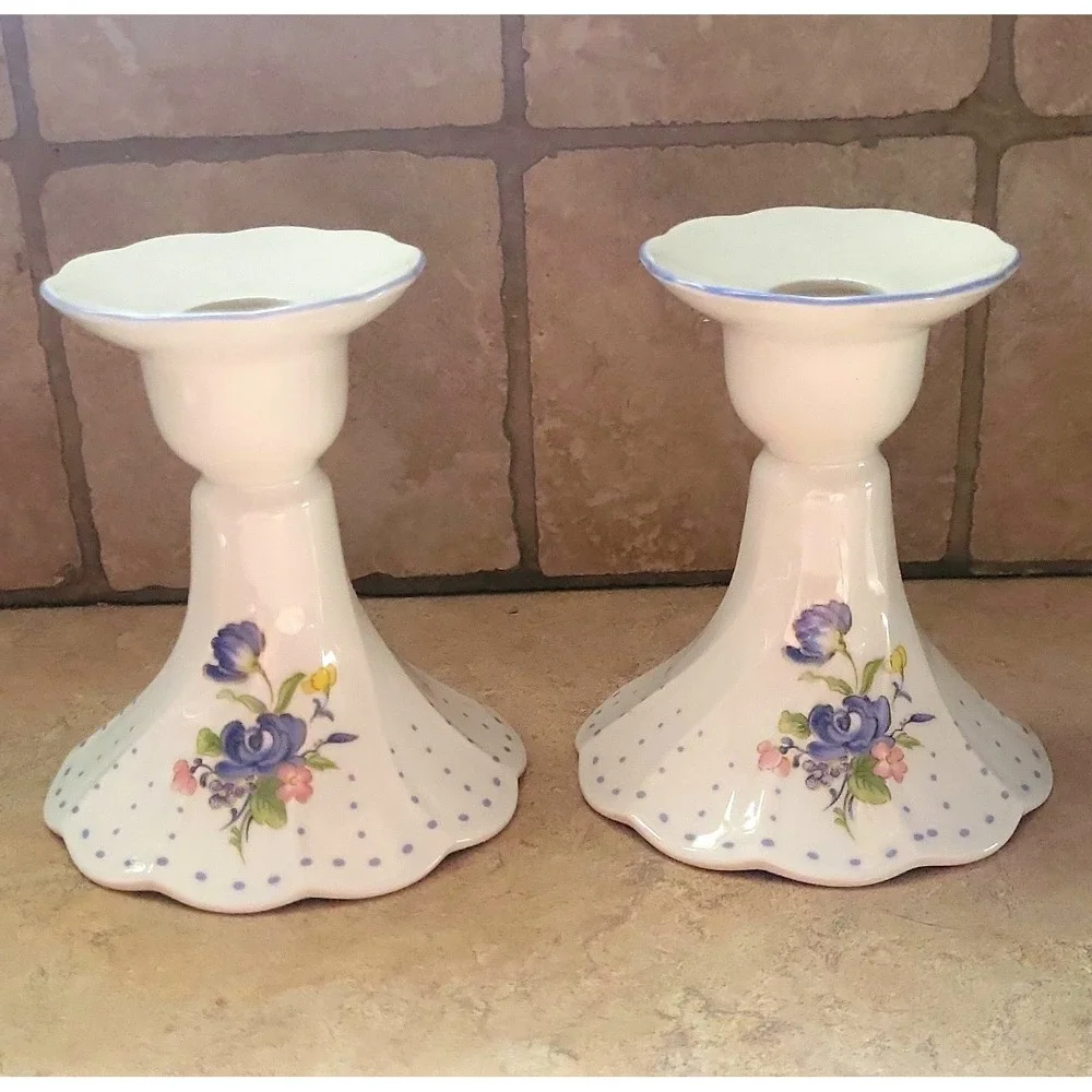 2 Nikko Japan Porcelain Floral Peony Candlesticks Pair White Blue 4